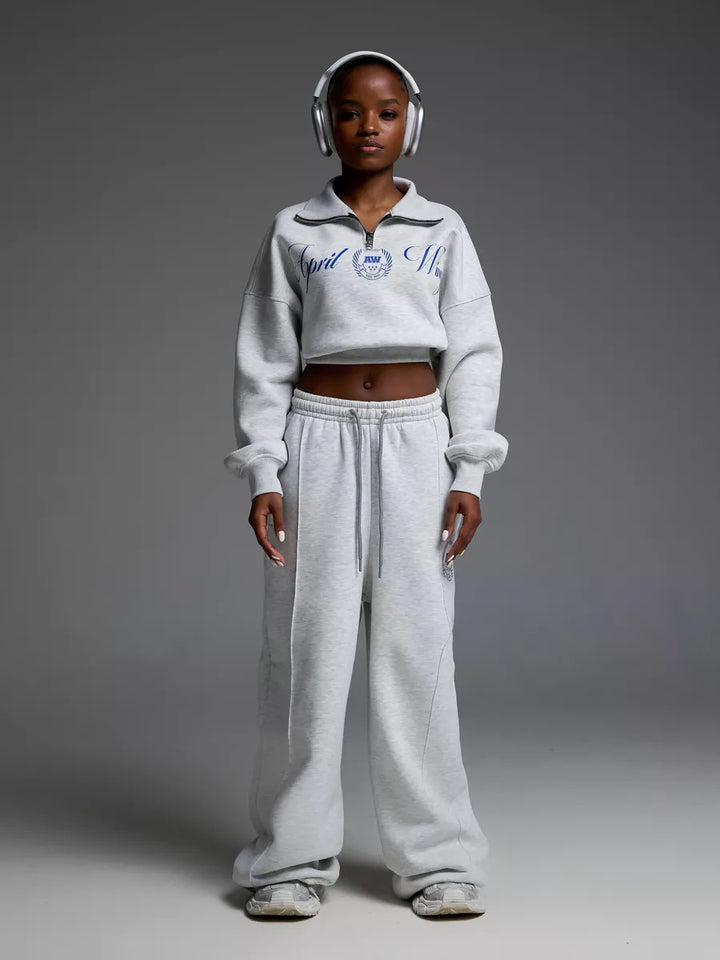 Women Cropped Half-zip Sweatshirt with Wide High-Waist Lounge Pants Set Mune Fashion
