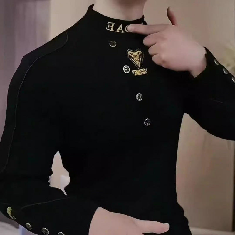 Men's Fitted Long Sleeve Shirt with Stand-Up Collar, Asymmetrical Button Placket and Logo Embroidery Mune Fashion