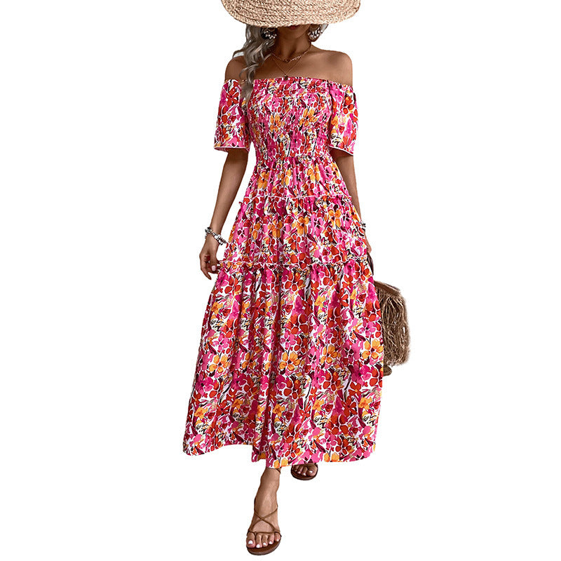Women's Tiered Maxi Dress with Off-the-Shoulder Neckline, Smocked Bustier and Side Slit Mune Fashion