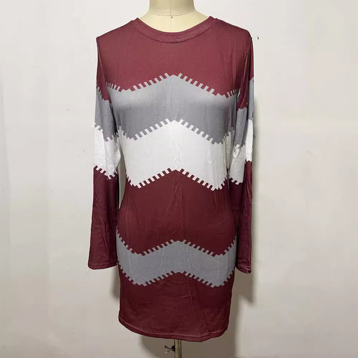 Women's long sleeve knit dress with chevron pattern, straight hem, and body-flattering fit Mune Fashion