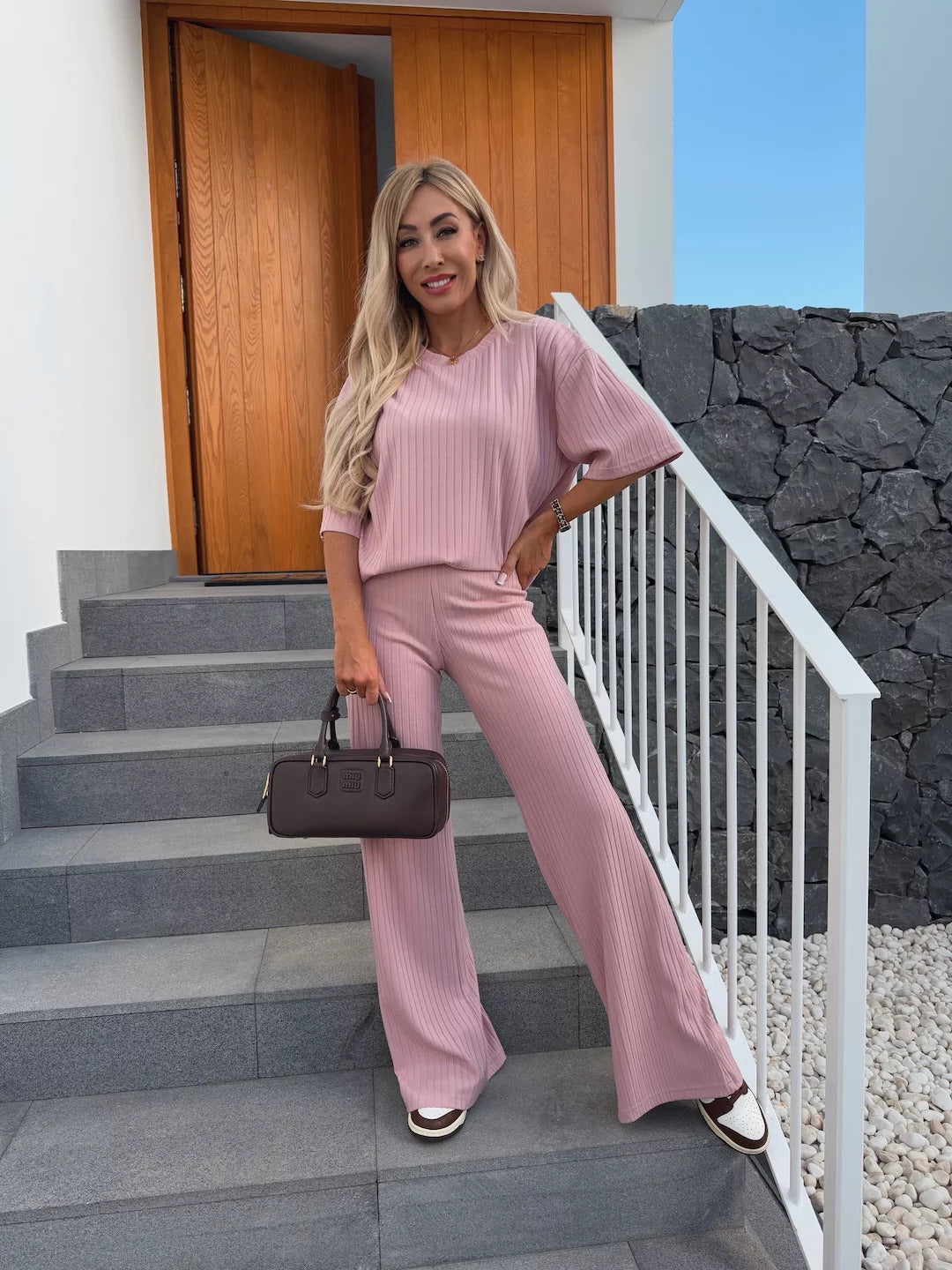 Women Fine Ribbed Two-Piece with Relaxed Crewneck and Flared Palazzo Pants Mune Fashion