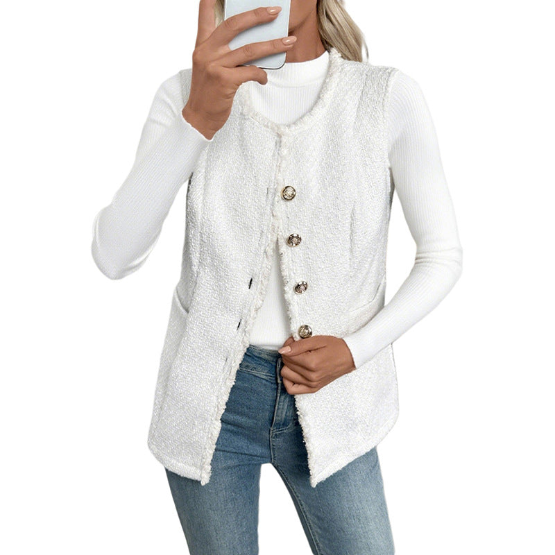 Women's Boucle Vest with Decorative Buttons, Fringe Trim and Pockets Mune Fashion