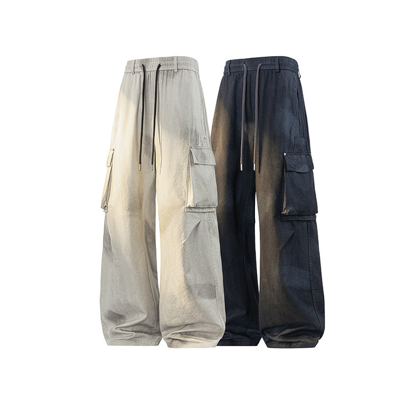 Damen Weite Cargo-Hose im Baggy-Stil mit Tunnelzugbund, Multifachtaschen und Used-Waschung Mune Fashion