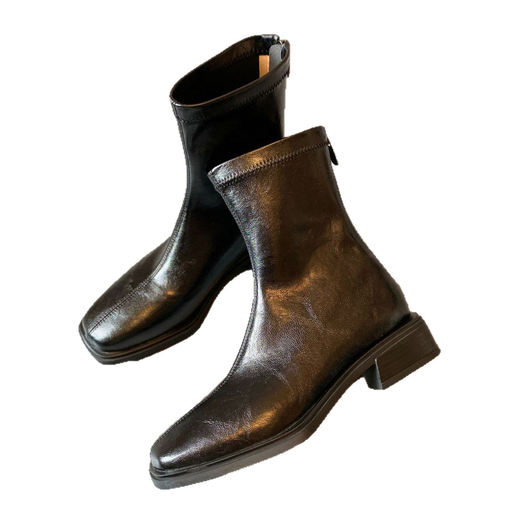 Women ankle boots in riding boot look made of soft smooth leather with square toe seam and stacked block heel Mune Fashion