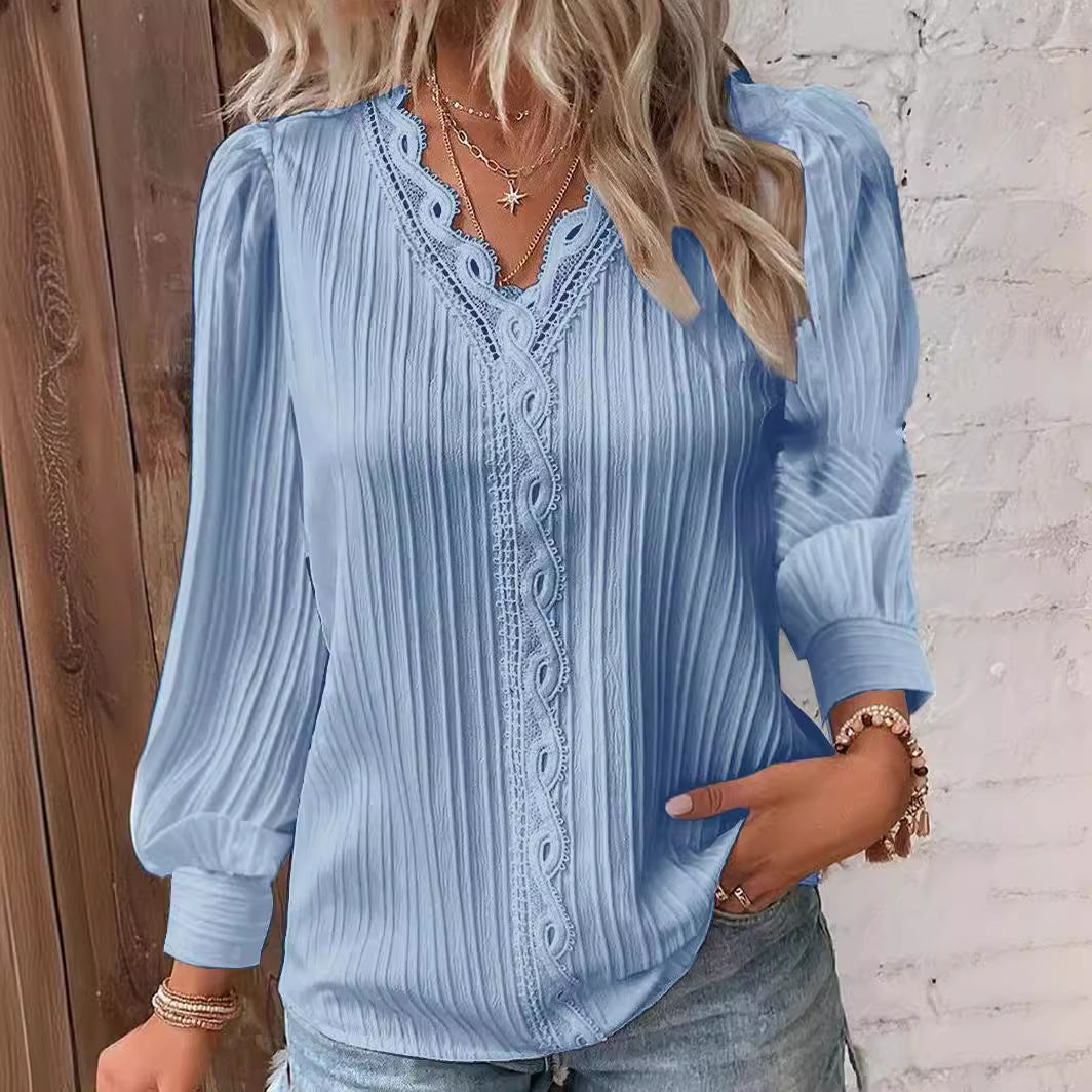 Women's romantic V-neck lace blouse with pleats and puff sleeves Mune Fashion
