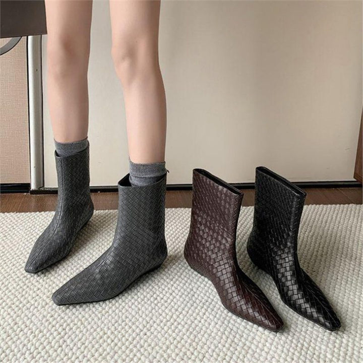 Women's Braided Leather Look Mid-Calf Ankle Boots with Pointed Toe and Flat Heel Mune Fashion