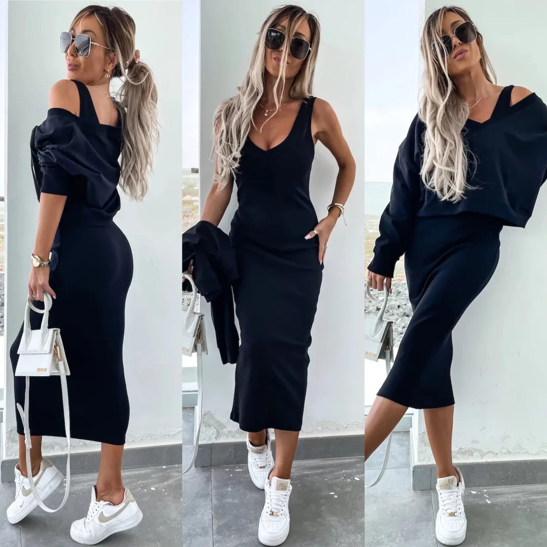 Ladies two-piece midi skirt set with off-shoulder oversized sweatshirt and figure-hugging pencil skirt Mune Fashion