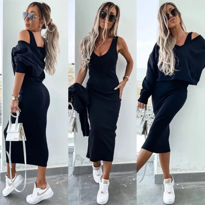 Ladies two-piece midi skirt set with off-shoulder oversized sweatshirt and figure-hugging pencil skirt Mune Fashion