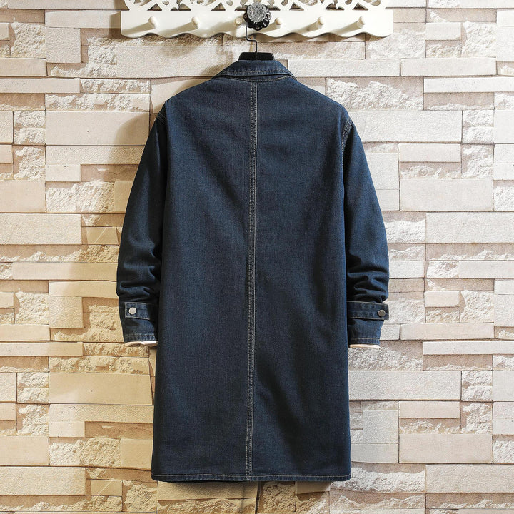 Men's long overshirt coat made of denim with snap button placket and patch pockets Mune Fashion