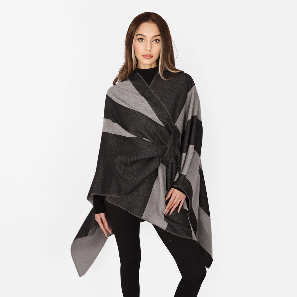 Women’s Wrap Cape with Wide Stripe Pattern and Ties Mune Fashion