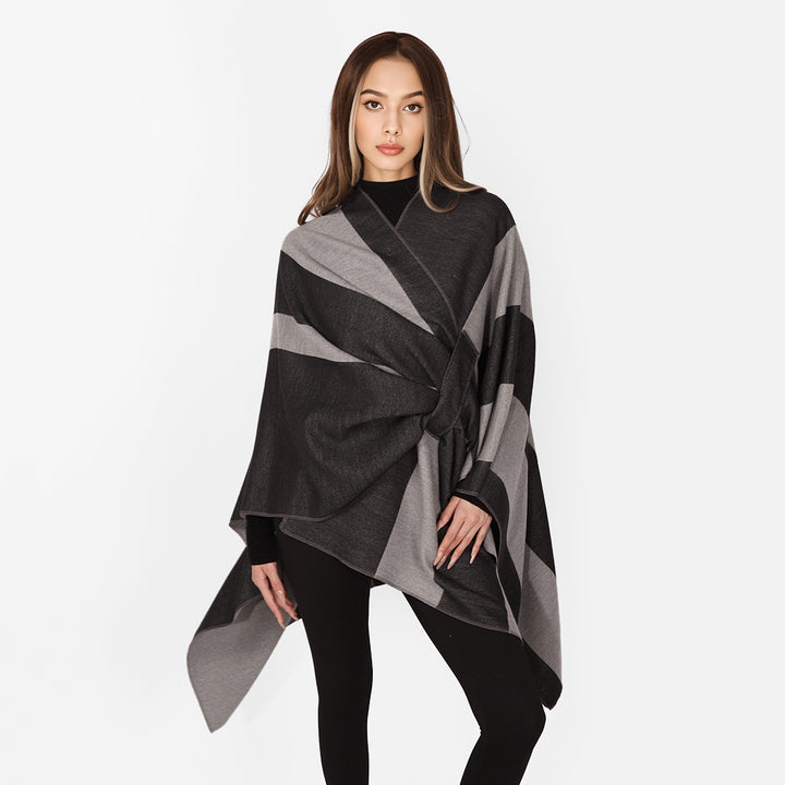 Women's Oversize Cape with Block Stripes and Tied Belt Mune Fashion
