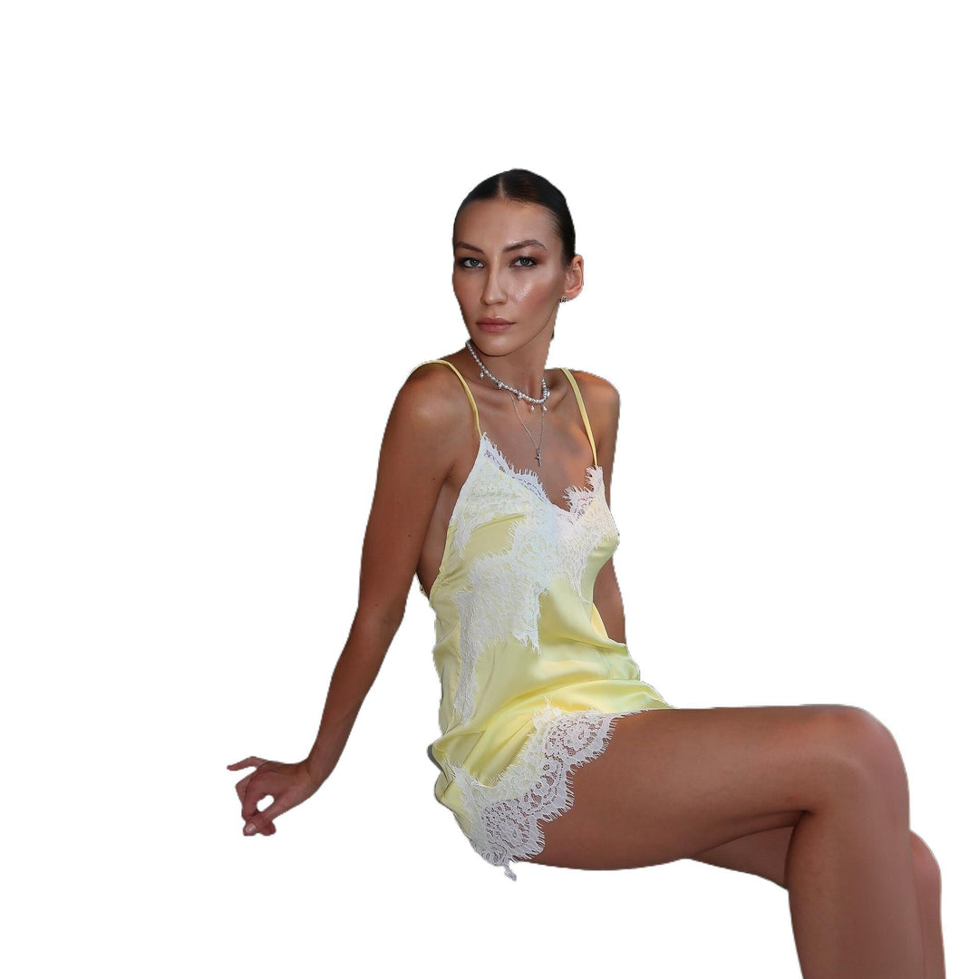Ladies playful satin top with lace trim Mune Fashion