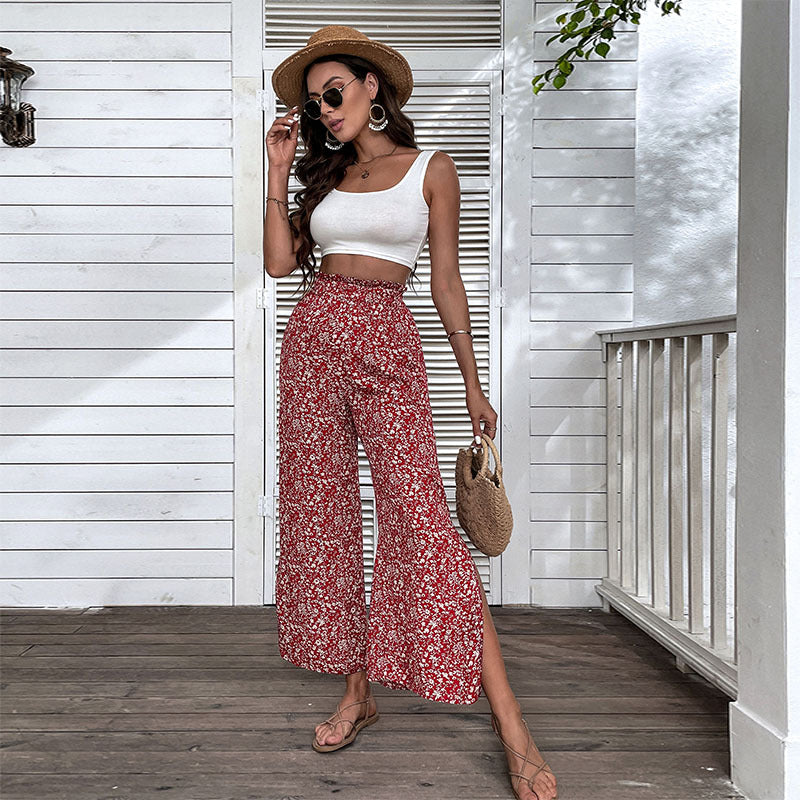 Women's Light High-Waist Palazzo Pants with Elastic Waistband, Floral Print and Side Leg Split Mune Fashion