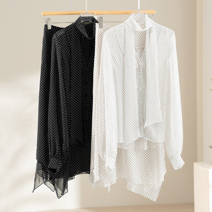 Women Chiffon Blouse with Bow Collar, Polka Dot Pattern and Pleat Detail Mune Fashion
