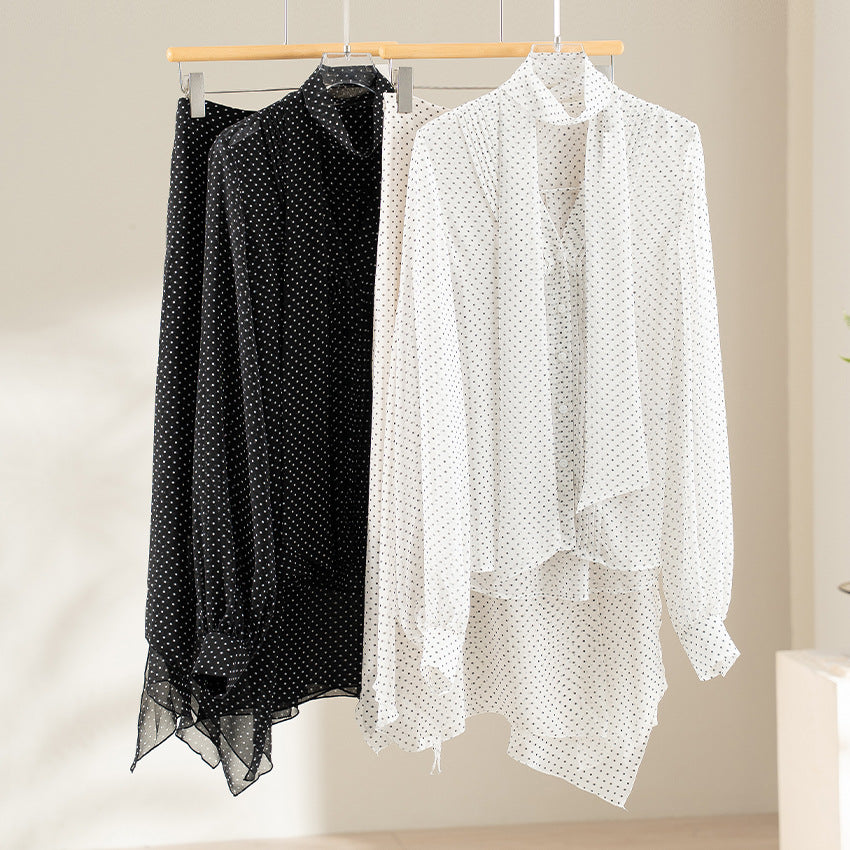 Women's chiffon blouse with bow collar, fine polka dot print and decorative pleats Mune Fashion