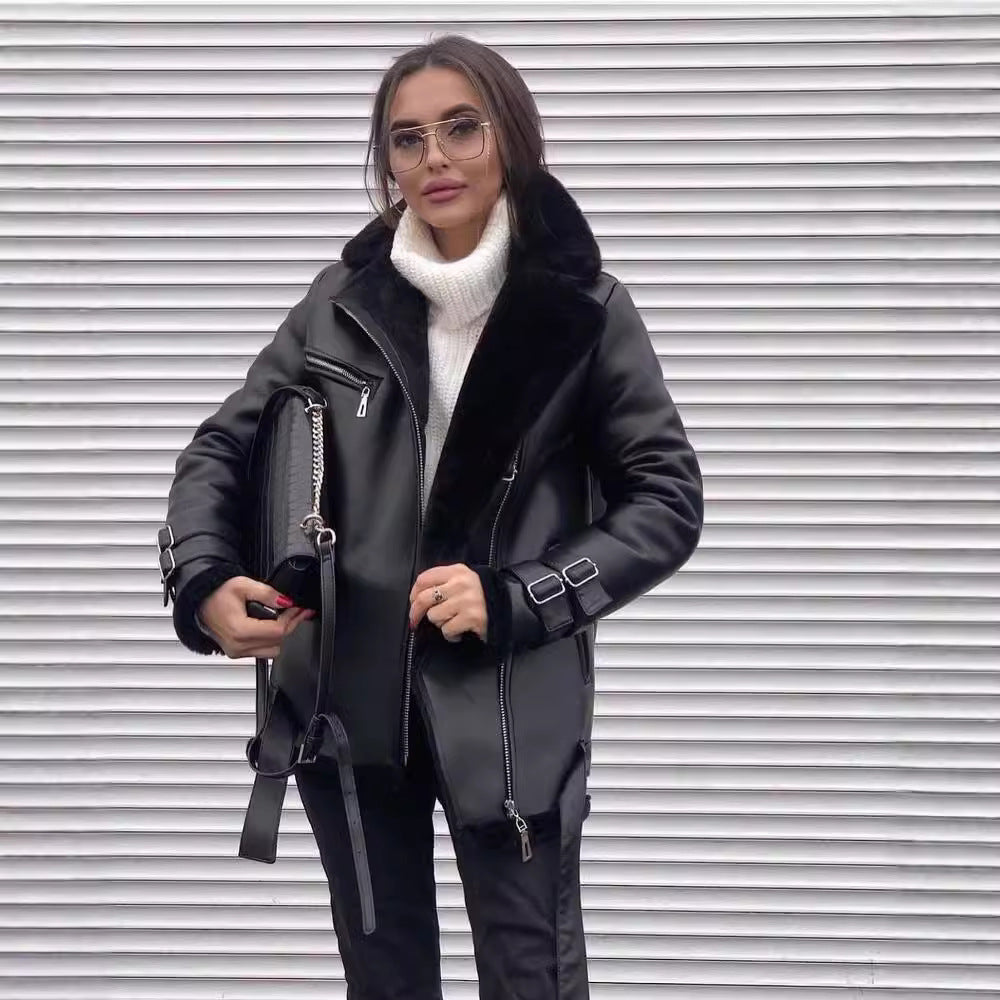 Women Oversized Faux Leather Pilot Jacket with Teddy Fur Lining and Buckles Mune Fashion