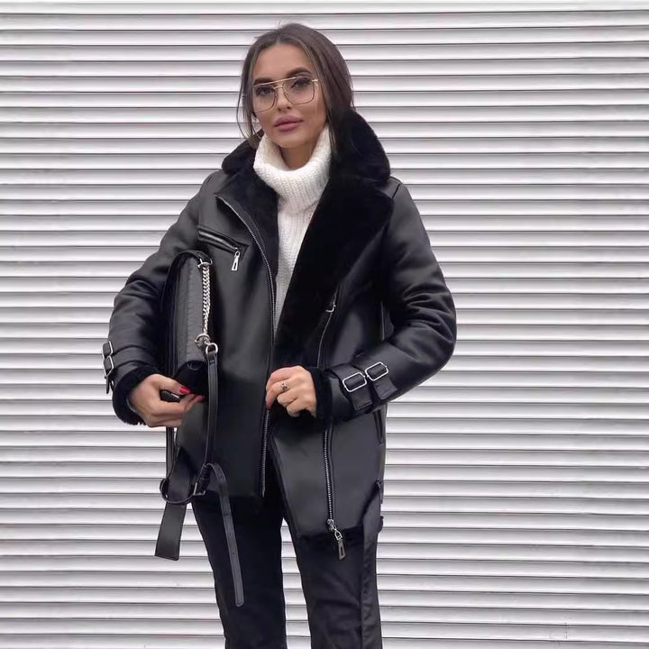 Women Oversized Faux Leather Pilot Jacket with Teddy Fur Lining and Buckles Mune Fashion
