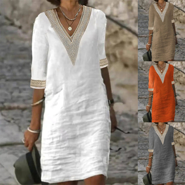 Ladies Linen Look Midi Dress with Crocheted V-Neck and 3/4 Sleeves Mune Fashion