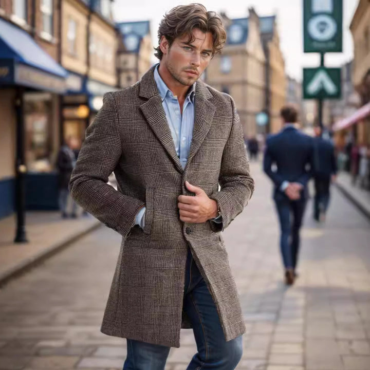 Men's wool blend coat in glen check with a slim long silhouette Mune Fashion