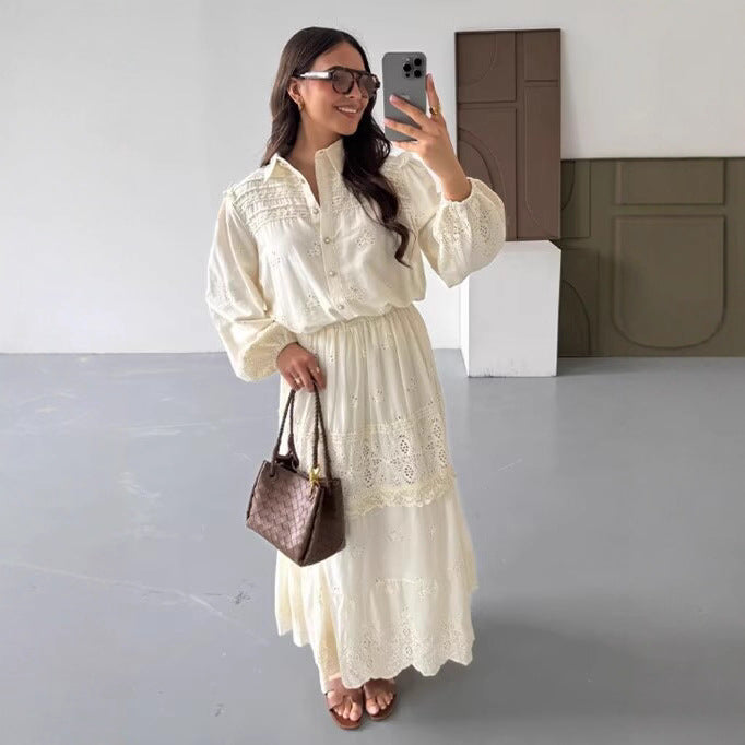Women's Boho Maxi Dress with Embroidery, Lace Trim, Elastic Waist and Shirt Collar Mune Fashion