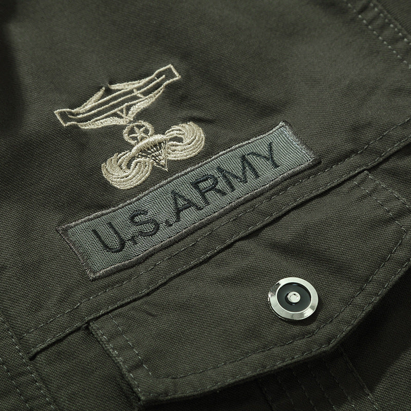 Men's military-inspired cotton canvas bomber jacket with high stand-up collar and chest flap pockets Mune Fashion