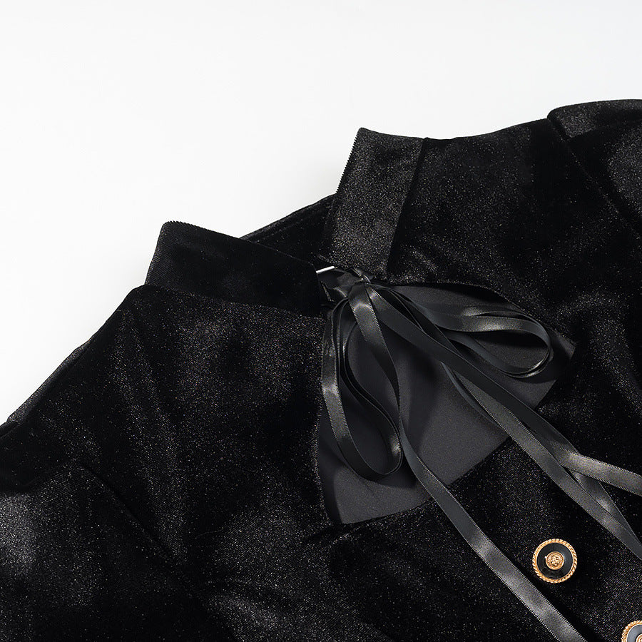 Women's Velvet Mini Dress with Bow Collar, Decorative Button Placket and Layered Lace Skirt Mune Fashion