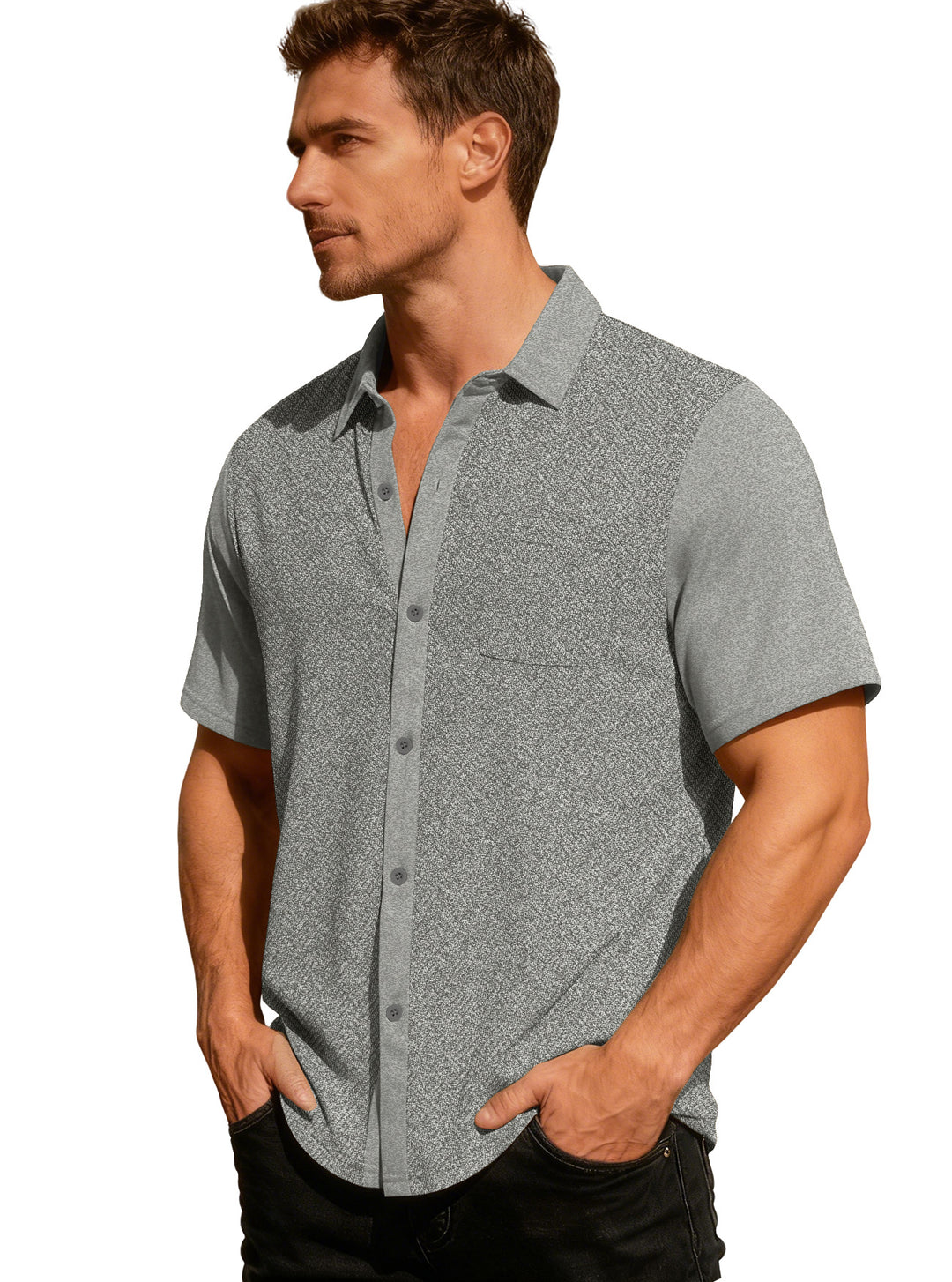 Men's leisure short sleeve shirt with jacquard texture, contrasted button placket and chest pocket Mune Fashion
