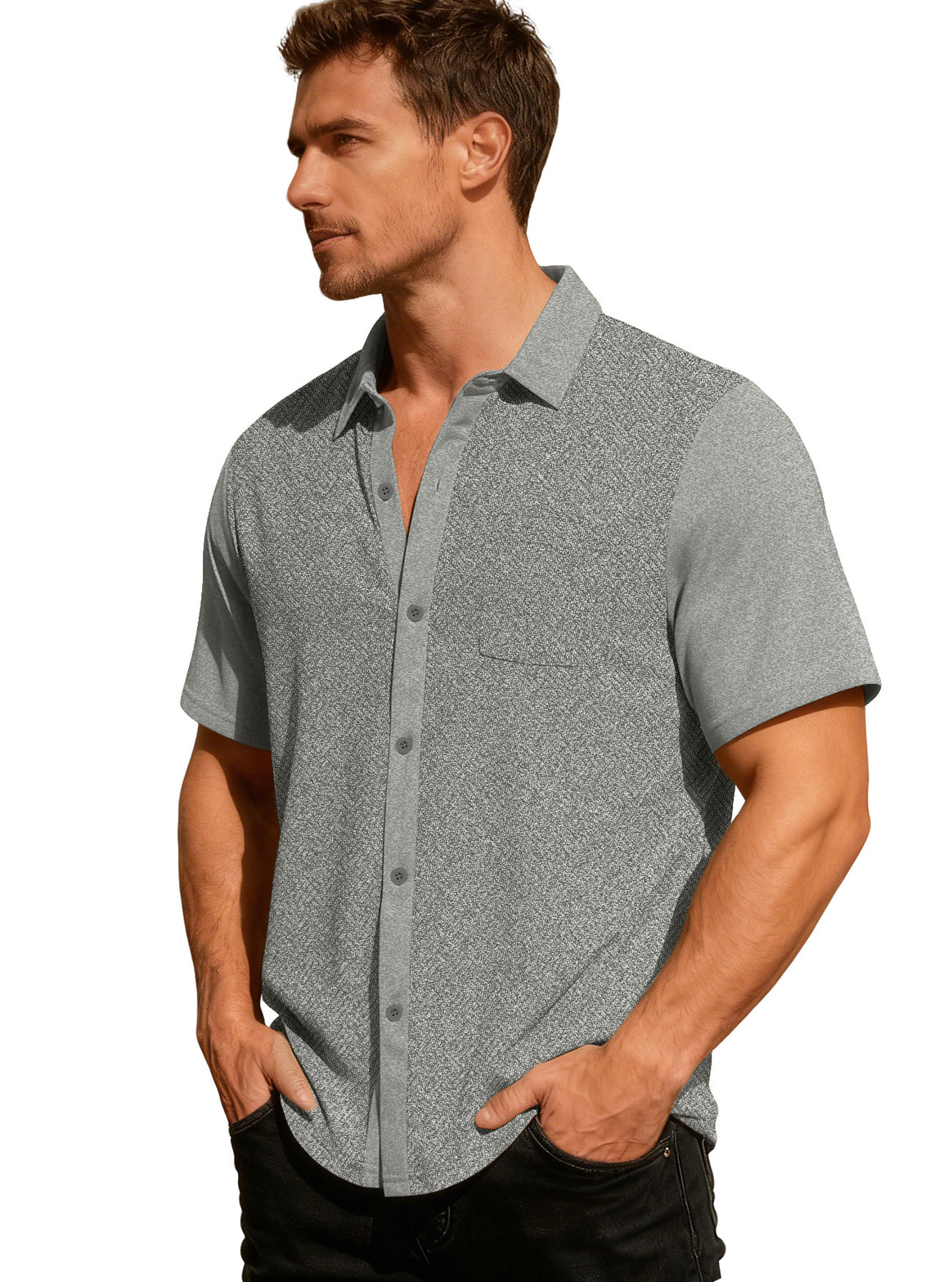 Men's leisure short sleeve shirt with jacquard texture, contrasted button placket and chest pocket Mune Fashion