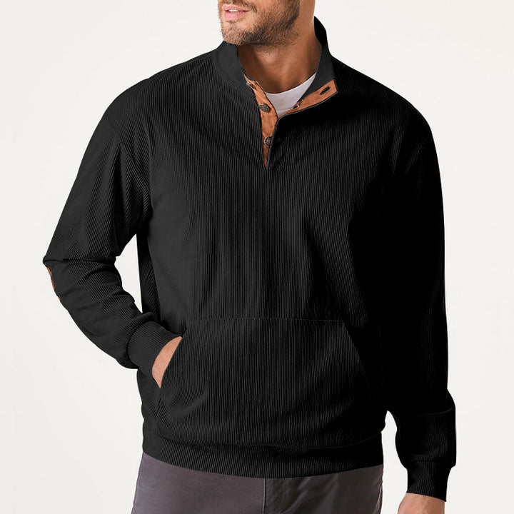 Men's fine ribbed stand-up collar sweater with button placket, kangaroo pocket, and suede elbow patches Mune Fashion