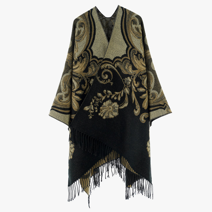 Women Jacquard Poncho Wrap in Baroque Pattern with Fringes Mune Fashion