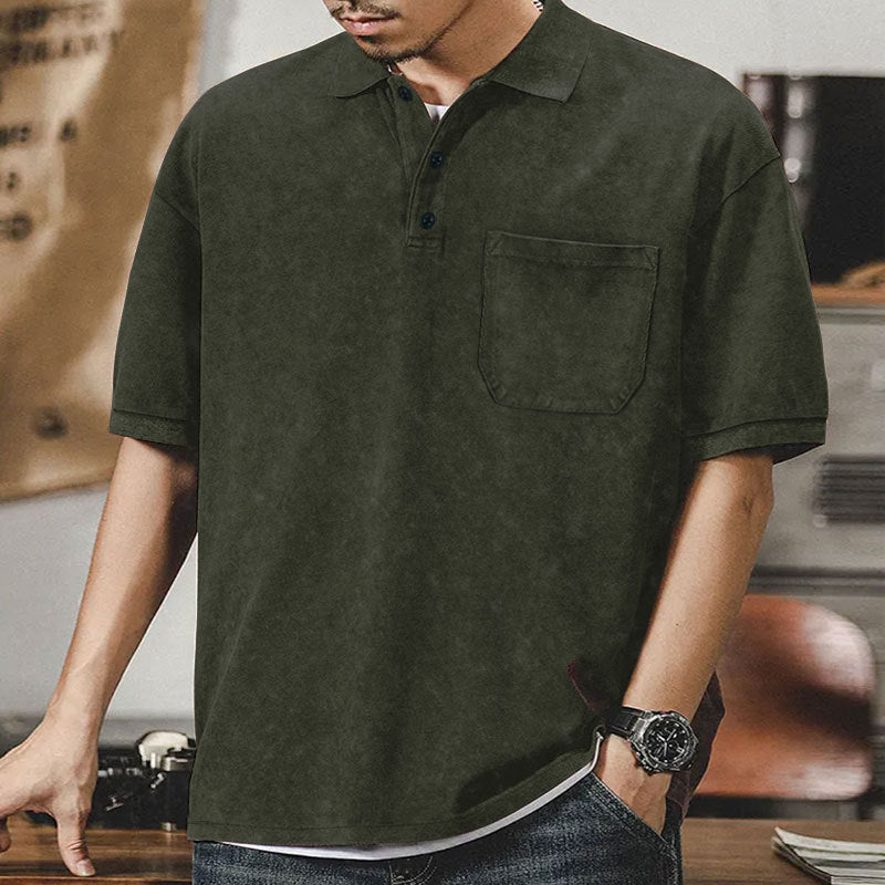 Men's loosely cut cotton polo shirt with a patch chest pocket and short button placket Mune Fashion