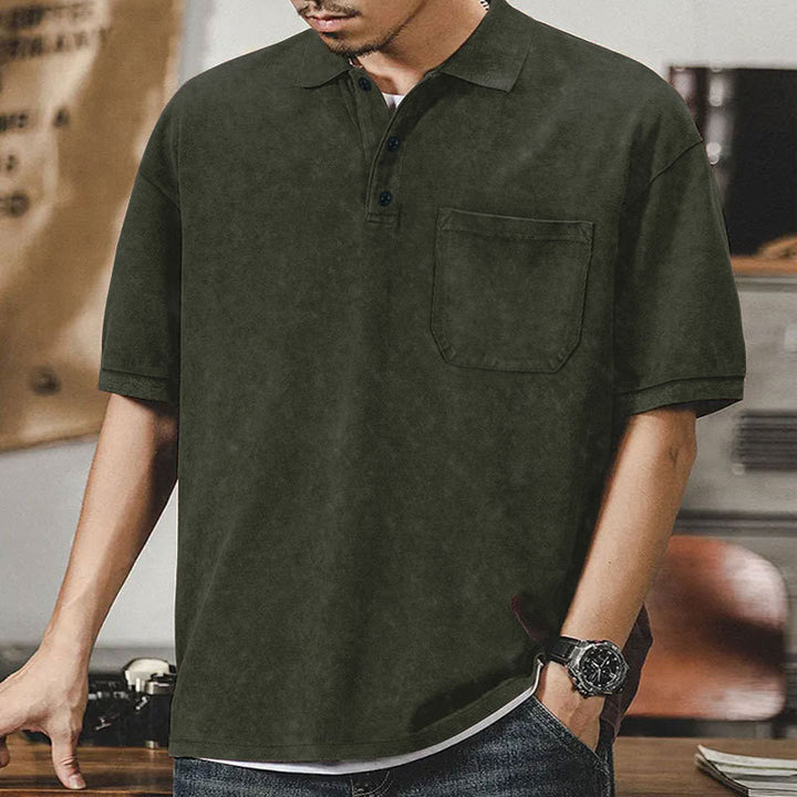 Men's loosely cut cotton polo shirt with a patch chest pocket and short button placket Mune Fashion