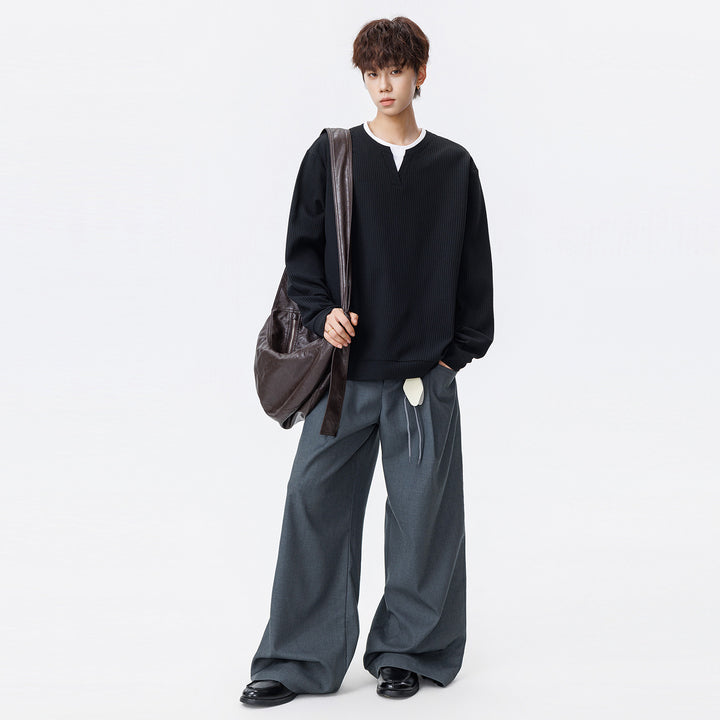 Men's Oversized Waffle Structure Long Sleeve Shirt with V Insert and Layering Look Mune Fashion