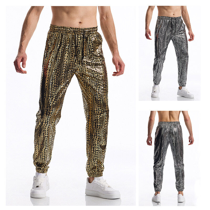 Men's Tapered Jogging Pants with Elastic Waistband, Drawstring and Metallic Circle Print Mune Fashion