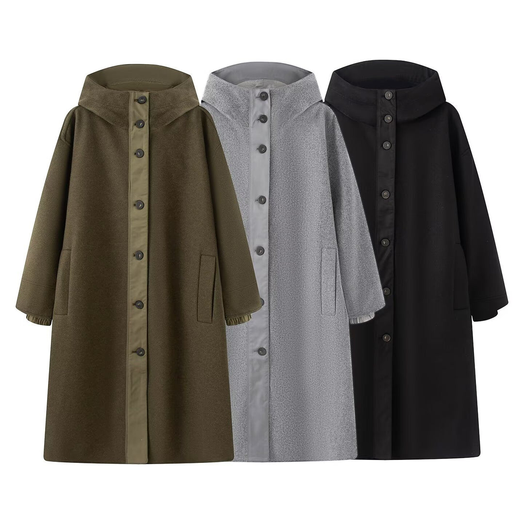 Women's Oversize Wool-like Coat with Hood and Button Placket Mune Fashion