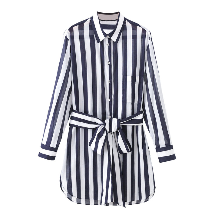 Women's Striped Shirt Dress with Waist Belt and Long Sleeves Mune Fashion