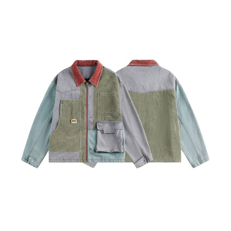 Unisex Boxy‑Patchwork‑Cord Jacket with Contrasting Collar and Multifunction Pockets Mune Fashion