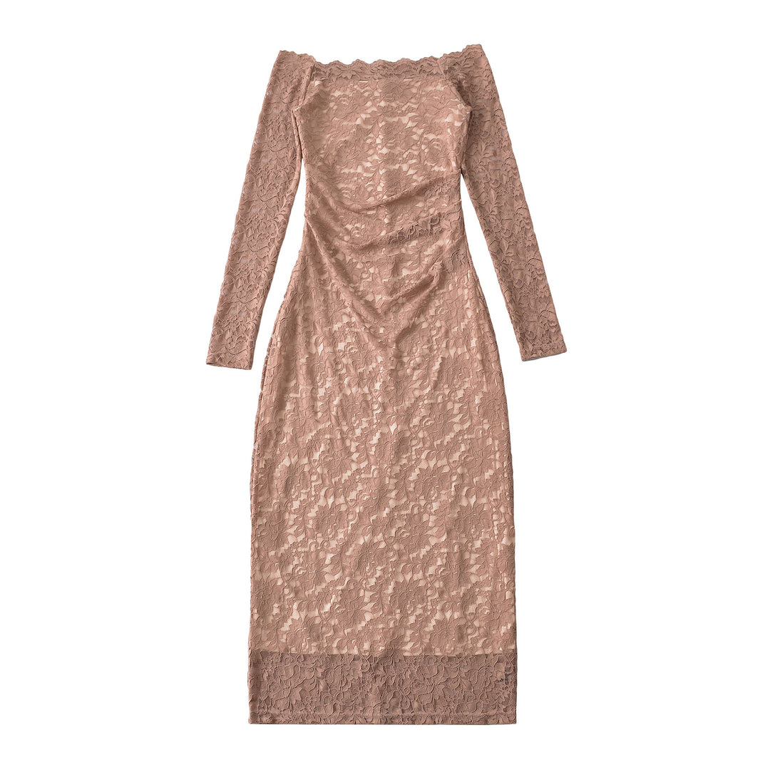 Women's Off-Shoulder Lace Dress with Waist Gather and Long Sleeve
