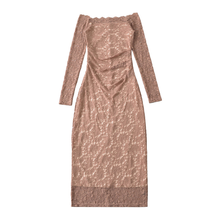 Women's Off-Shoulder Lace Dress with Waist Gather and Long Sleeve