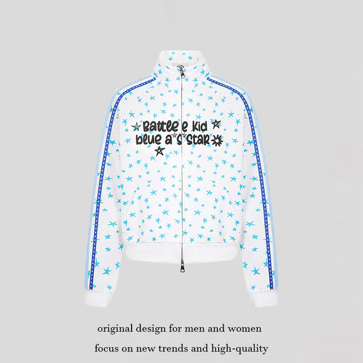 Women's sweat jacket in retro track style with stand-up collar, star print, and contrast stripes.