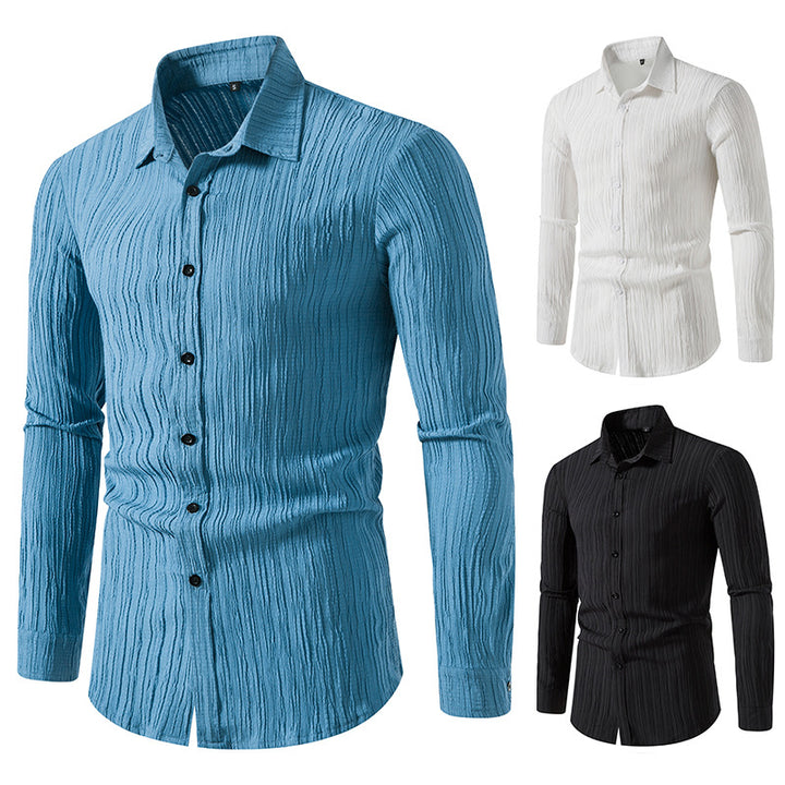 Men's Textured Slim-Fit Shirt with Crinkled Texture and Kent Collar Mune Fashion