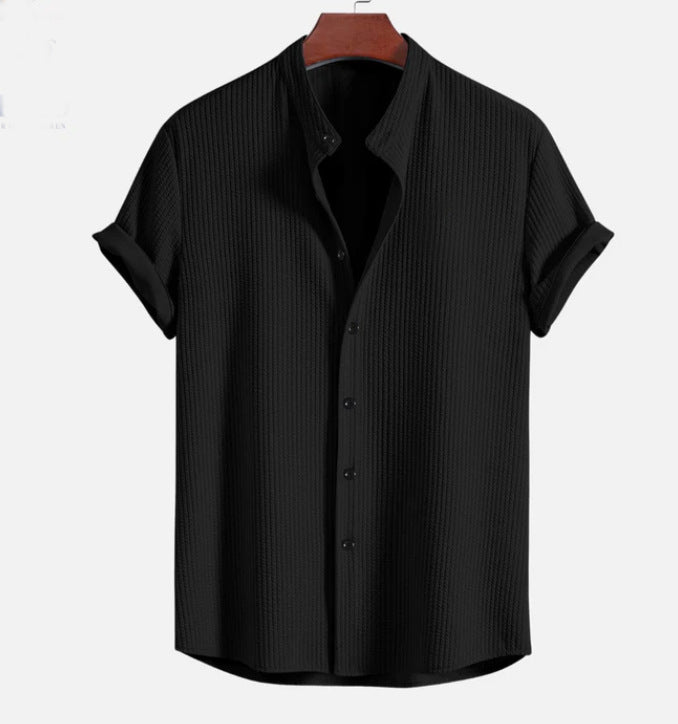 Men's Short Sleeve Structured Shirt with Stand Collar and Rolled-Up Sleeves Mune Fashion