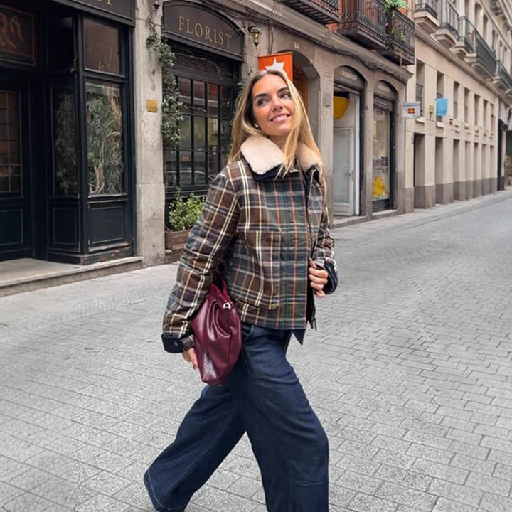 Women's Short Blouson in Check Pattern with Padded Lining and Teddy Collar Mune Fashion
