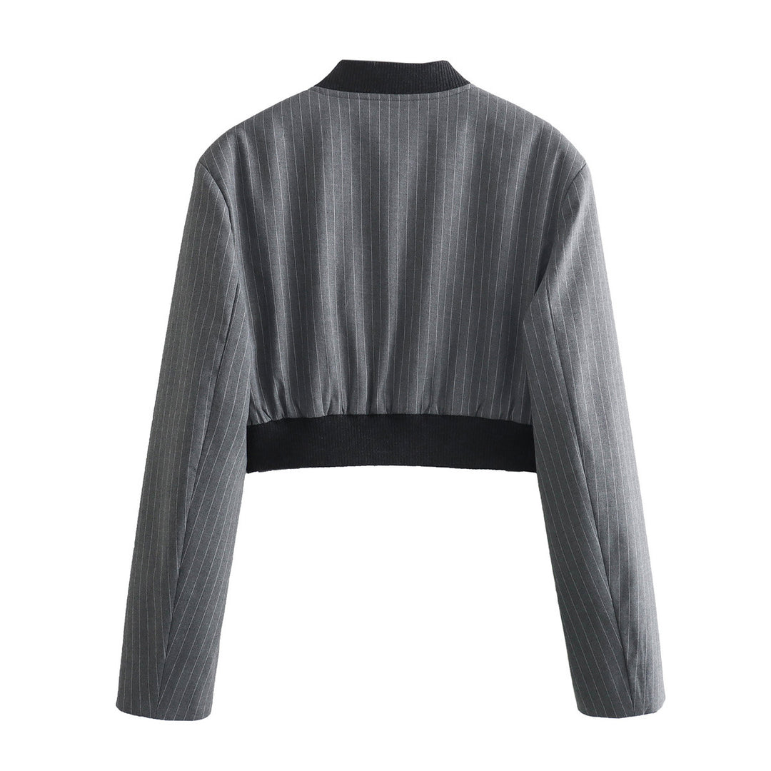 Women Two-Piece Pinstripe Suit Set with Short Stand Collar Blazer and Wide Pleat Pants Mune Fashion