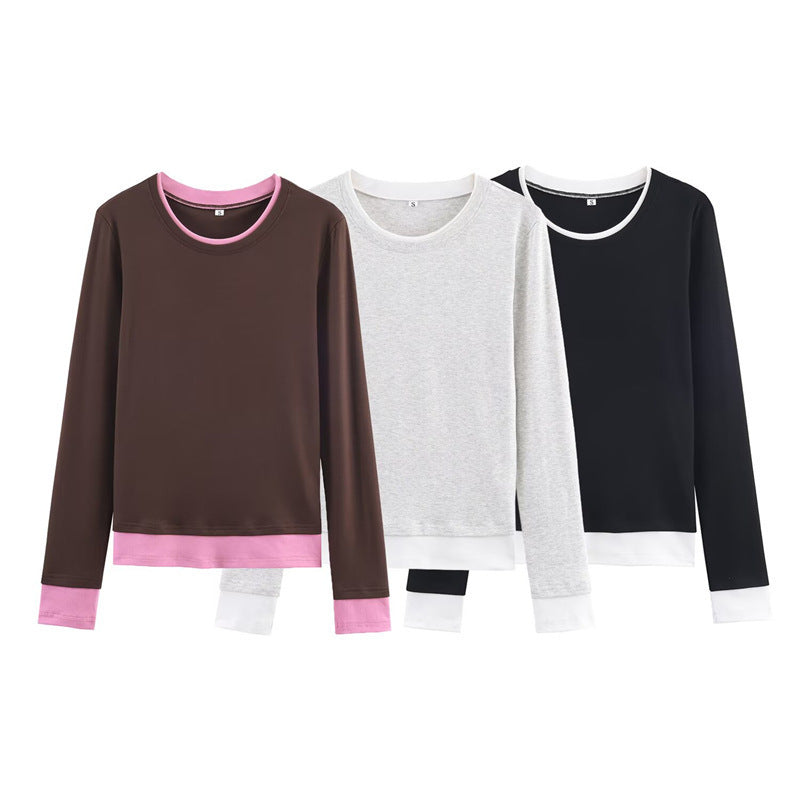 Women's long-sleeve shirt in layered look with contrast cuffs and round neckline Mune Fashion