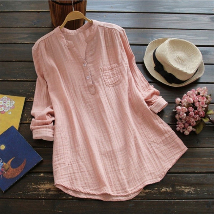 Women's loosely falling cotton tunic with stand-up collar and chest pocket Mune Fashion