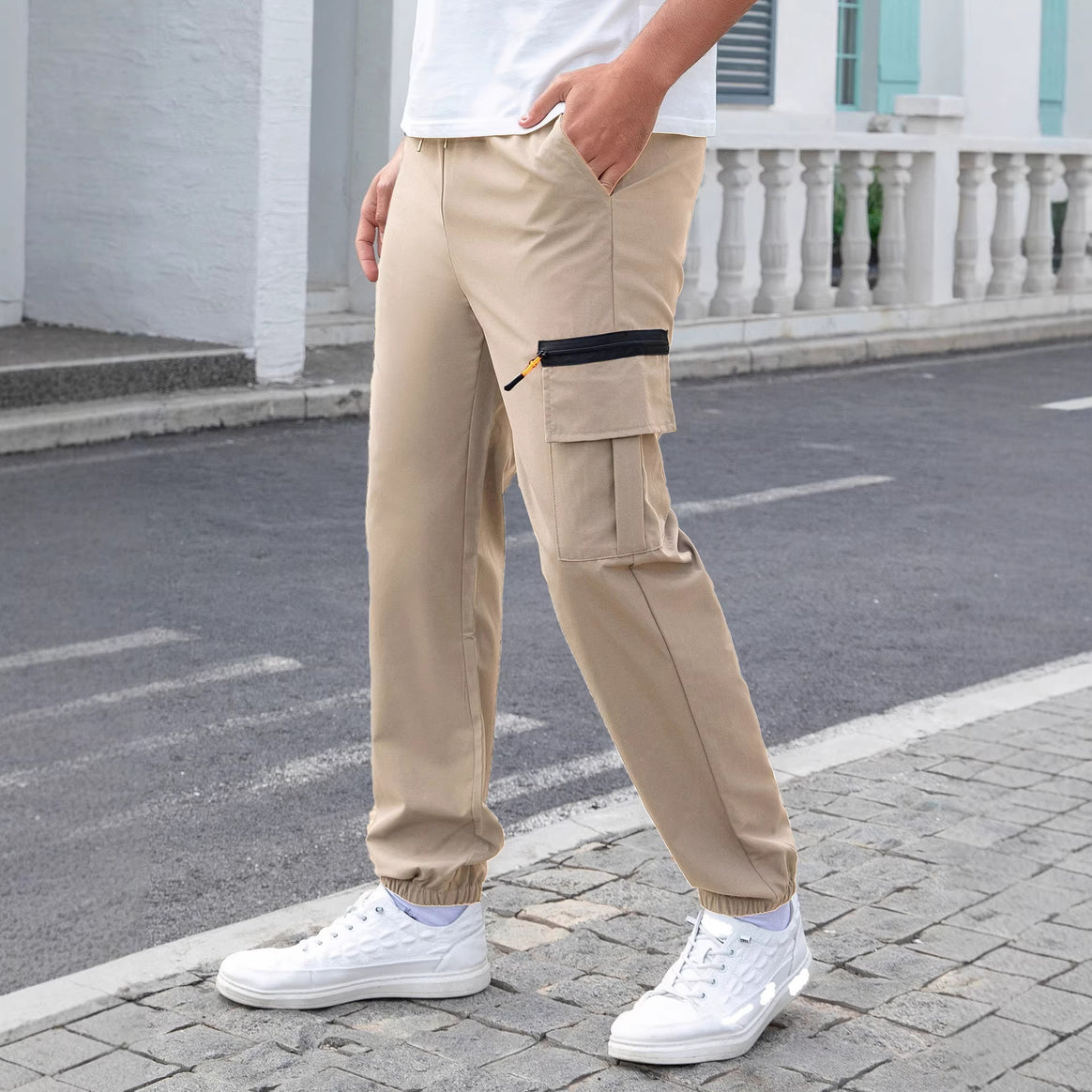 Men's Tech Cargo Jogging Pants with Elastic Drawstring, Zipper Leg Pocket & Fitted Ankle Cuff Mune Fashion