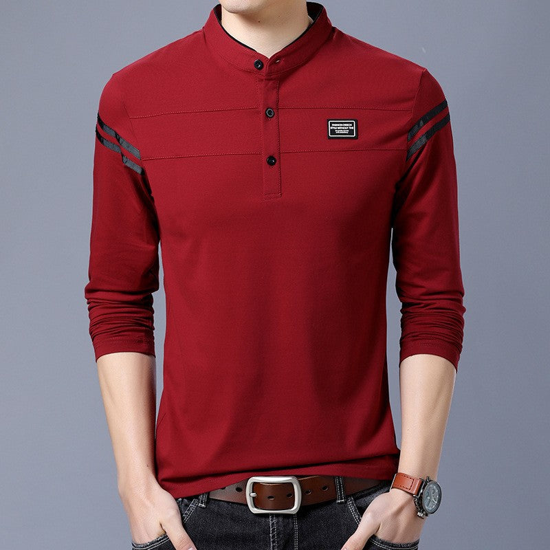 Men's Slim-Fit Long Sleeve Henley with Stand Collar and Shoulder Stripes Mune Fashion
