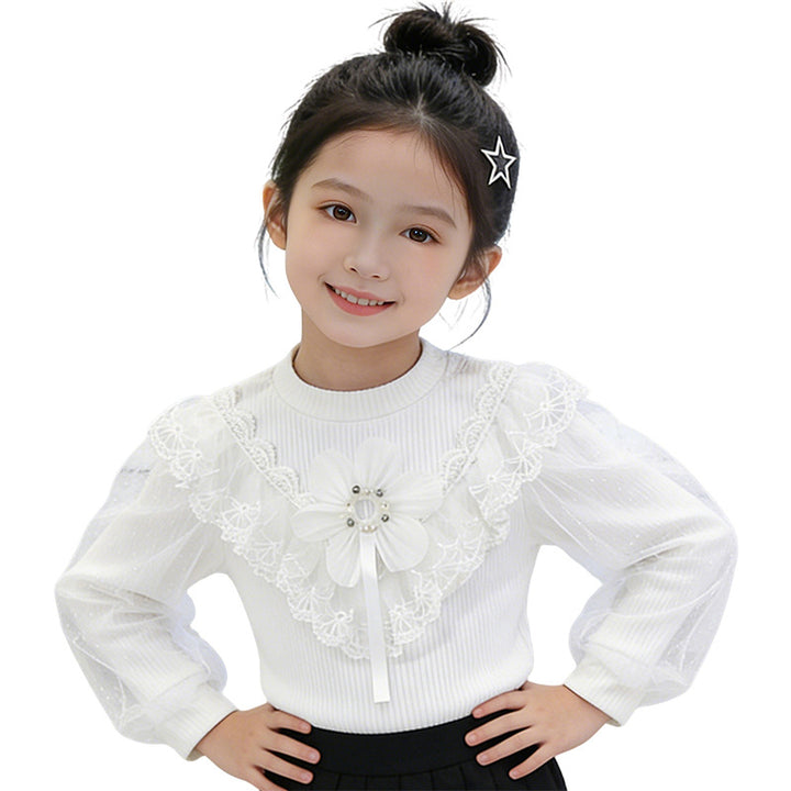 Girls elegant blouse with floral appliqués and transparent lace Mune Fashion