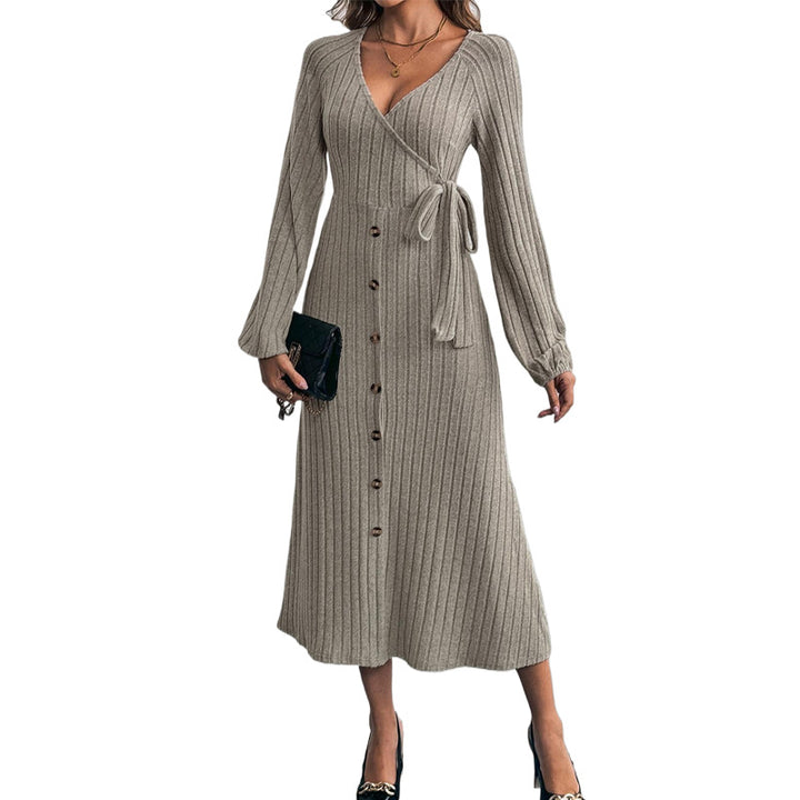 Women's Ribbed Wrap Midi Dress with V-Neck, Balloon Sleeves & Button Placket Mune Fashion